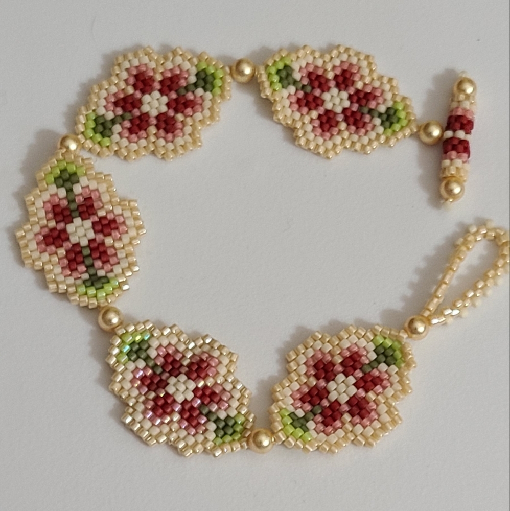 Hand Beaded Flower Bracelet Spring Pearls Handmade Czech Glass Floral